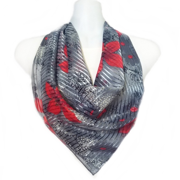 NEW - Large Square Scarf Red Lily on a Grey with Gold Metallic Thread - Picture 2 of 4